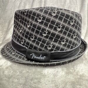 Fender Guitar Print Fedora Hat Black White Plaid Cotton Polyester S M